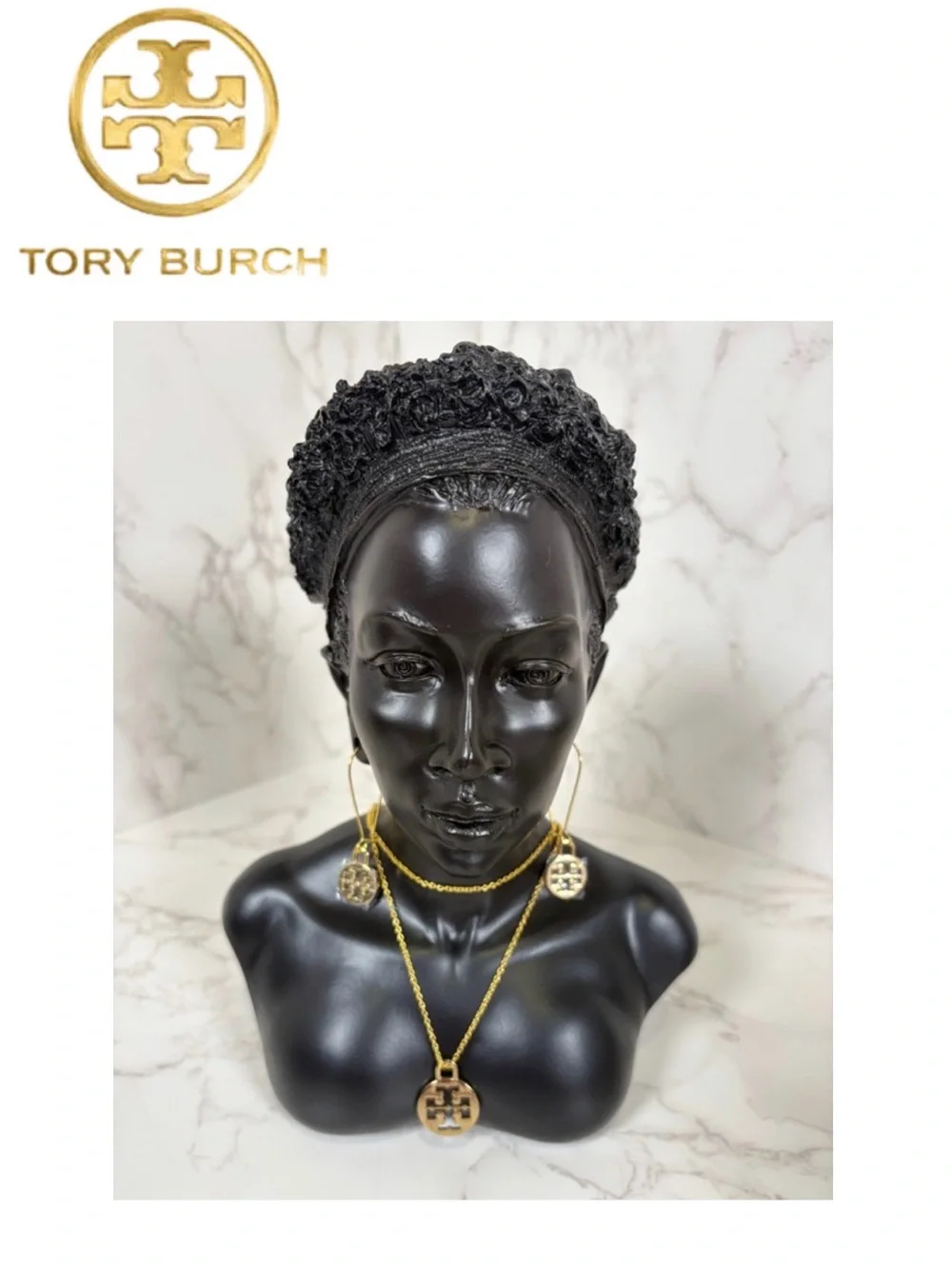 TORY BURCH Gold Logo Pendant, Necklace & Fishhook Earrings Jewelry Set